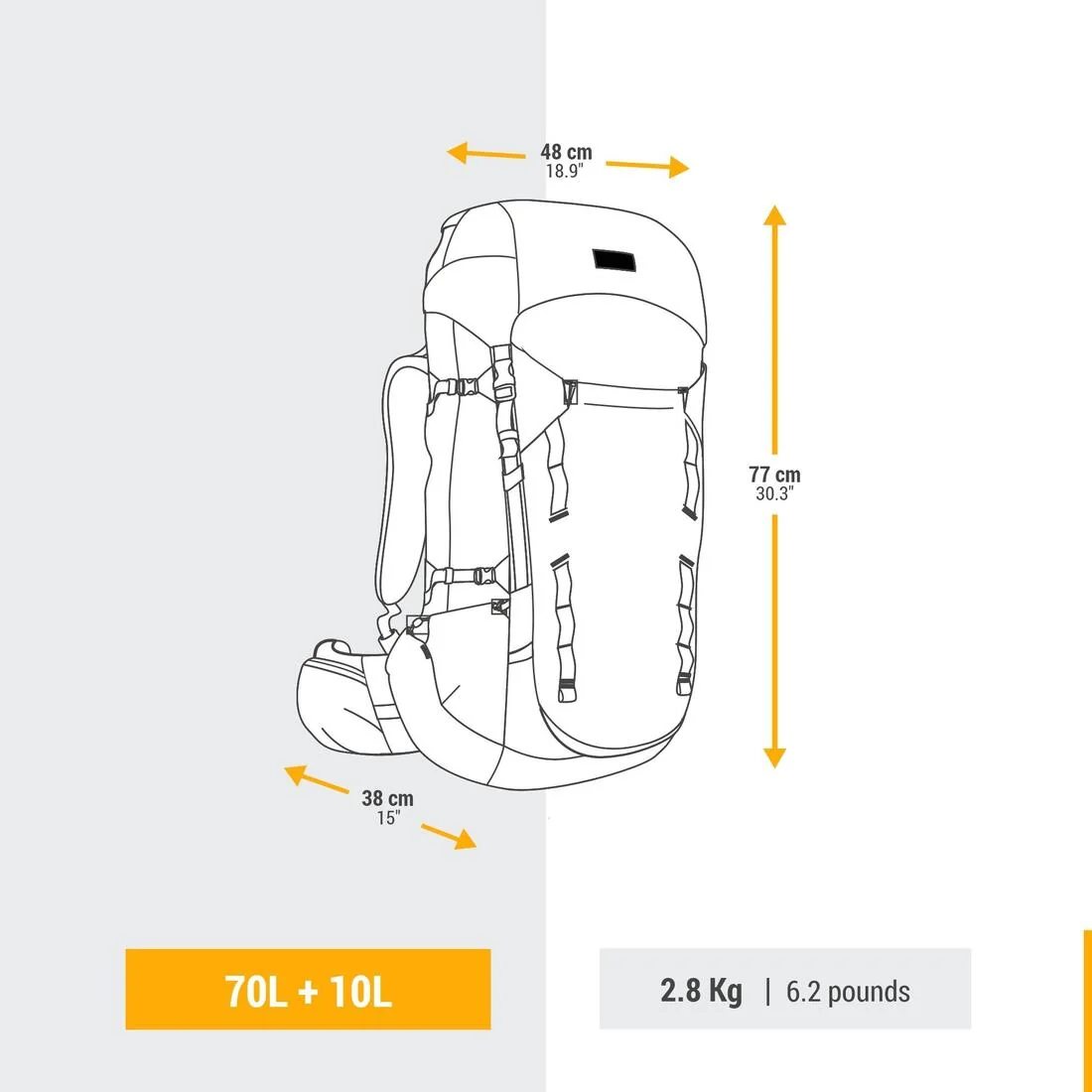 Men's Trekking 70+10L Backpack MT900 Symbium — تصویر 6