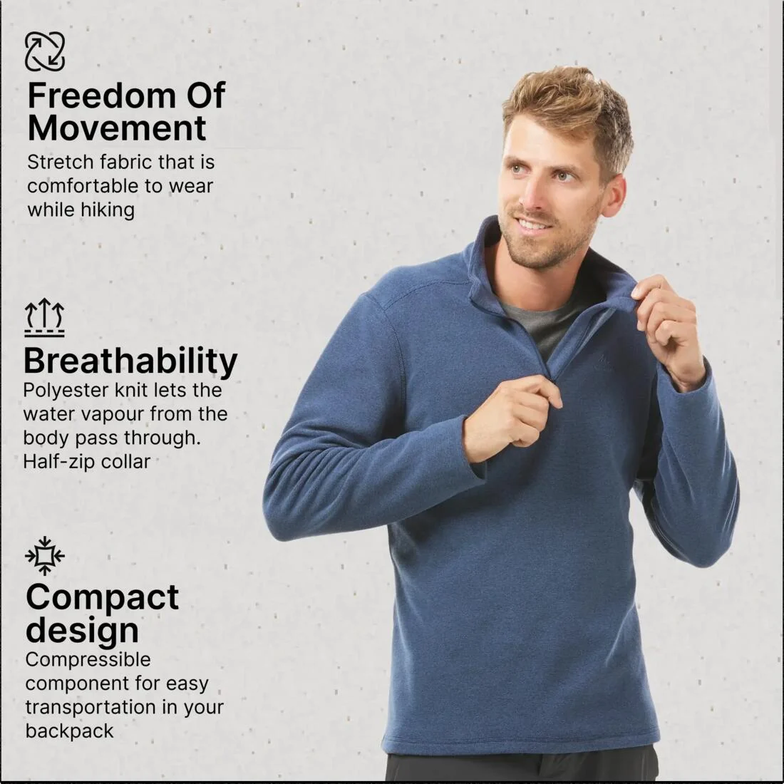 Men’s Mountain Hiking Fleece MH100 Half Zip - Blue — تصویر 5