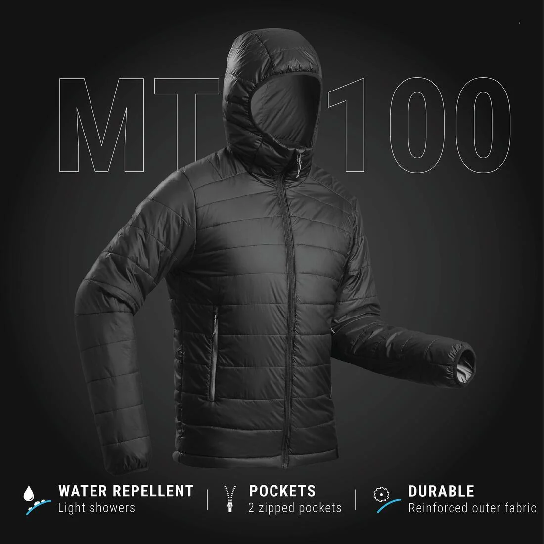 Men’s synthetic trekking down jacket with hood, MT100 -5°C — تصویر 2