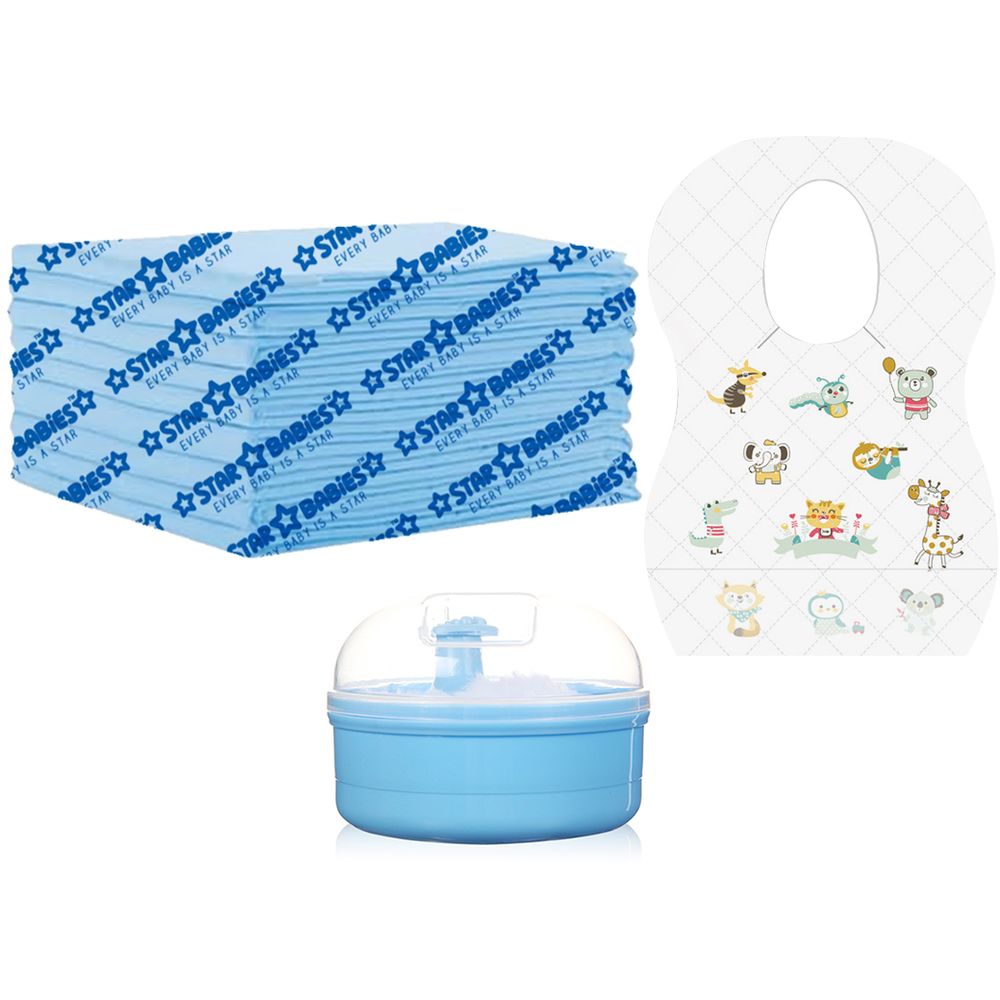 Star Babies - Powder Puff & Disposable Bibs 10pcs With Disposable Changing Mat 10pcs - Blue — تصویر 1