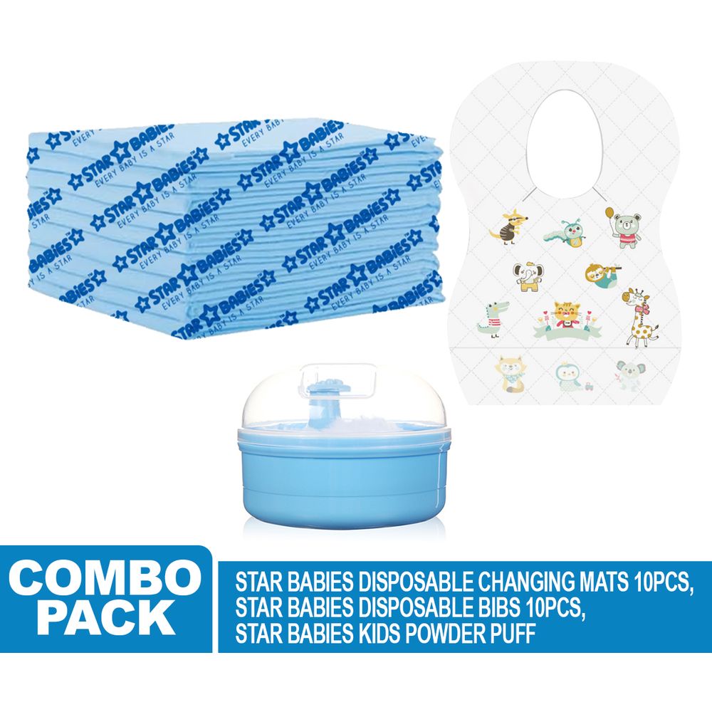 Star Babies - Powder Puff & Disposable Bibs 10pcs With Disposable Changing Mat 10pcs - Blue — تصویر 2