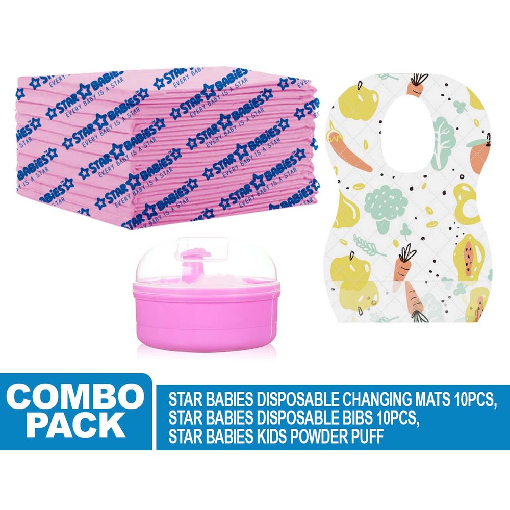 Star Babies - Powder Puff & Disposable Bibs 10pcs With Disposable Changing Mat 10pcs - Pink — تصویر 2