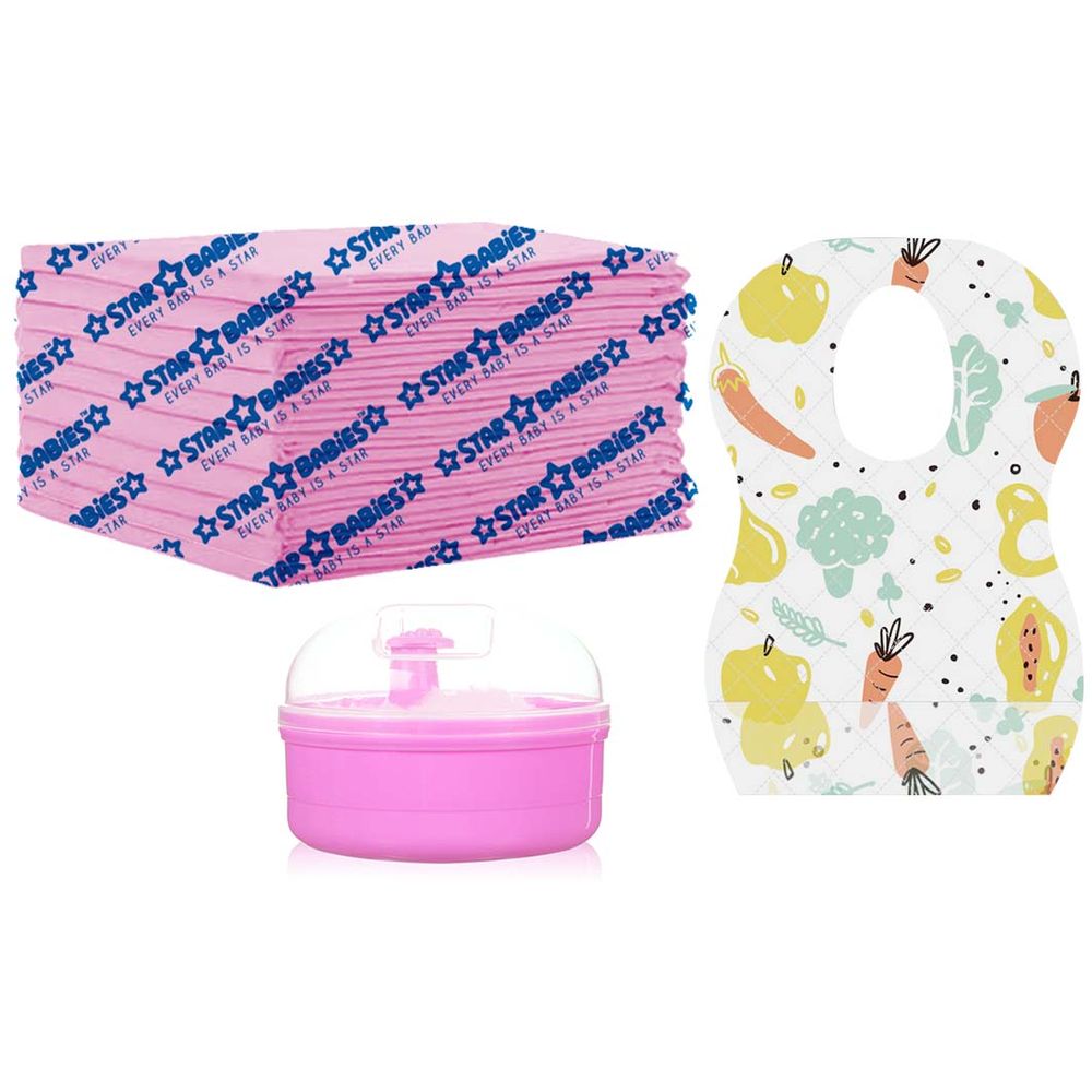 Star Babies - Powder Puff & Disposable Bibs 10pcs With Disposable Changing Mat 10pcs - Pink — تصویر 1